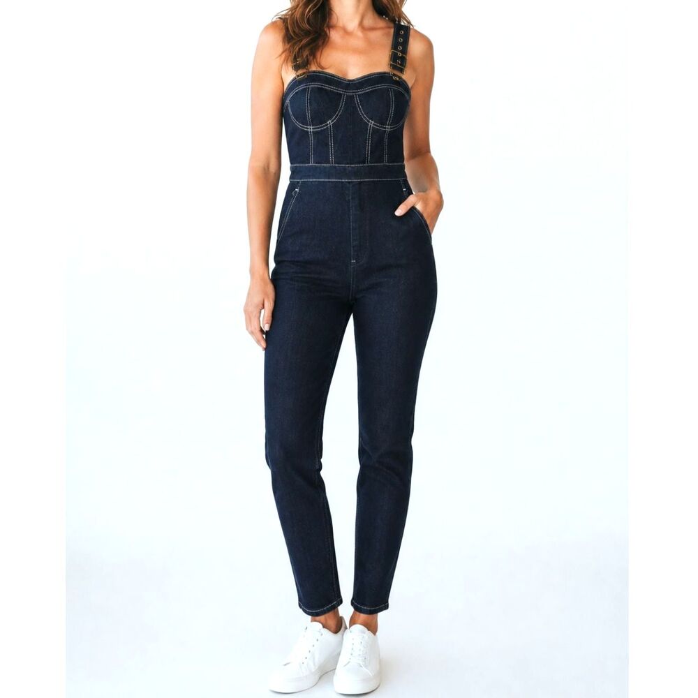 We Wore What NWT Stretch Denim Corset Overalls Size Medium in Dark Indigo